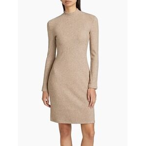 VINCE Sweater Dress Ribbed Mock Neck Long Sleeve Knit Dress Beige Medium